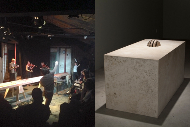 Scott Benzel's performative environment "W.W.A.R./ Die Dritte Generation" (left), Photo: Sharsten; Sean Townley "Untitled" at "The Mocking Hand" (right), Photo: Night Gallery.